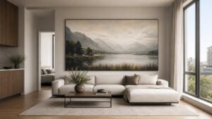 Living room design featuring extra-large wall art ideas that make small living rooms feel bigger