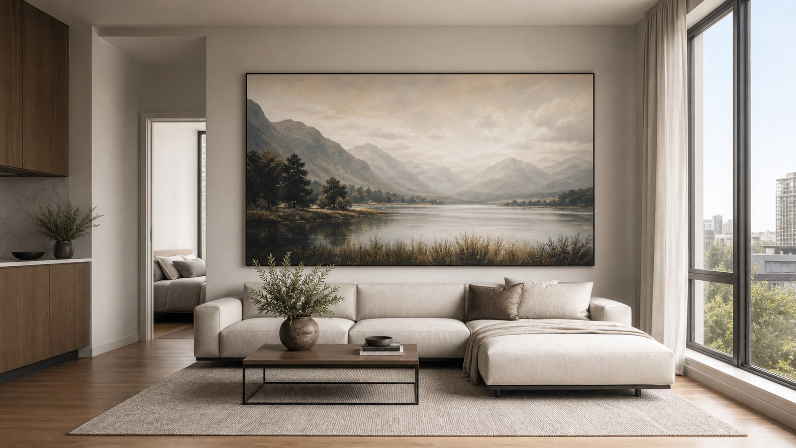 Living room design featuring extra-large wall art ideas that make small living rooms feel bigger