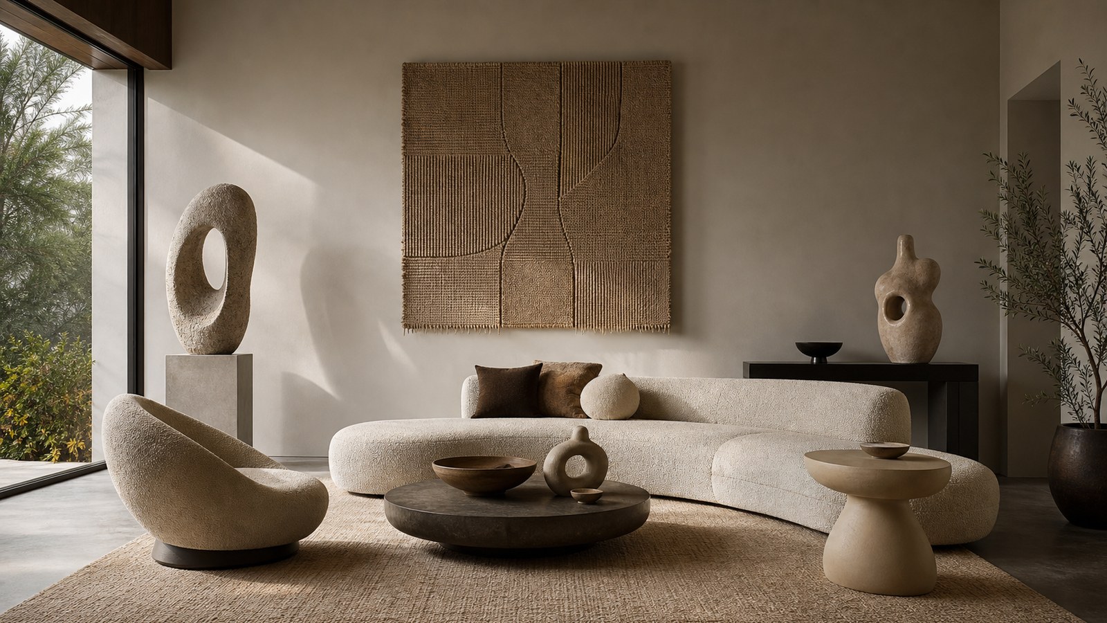 Living room design featuring sculptural decor pieces that double as art