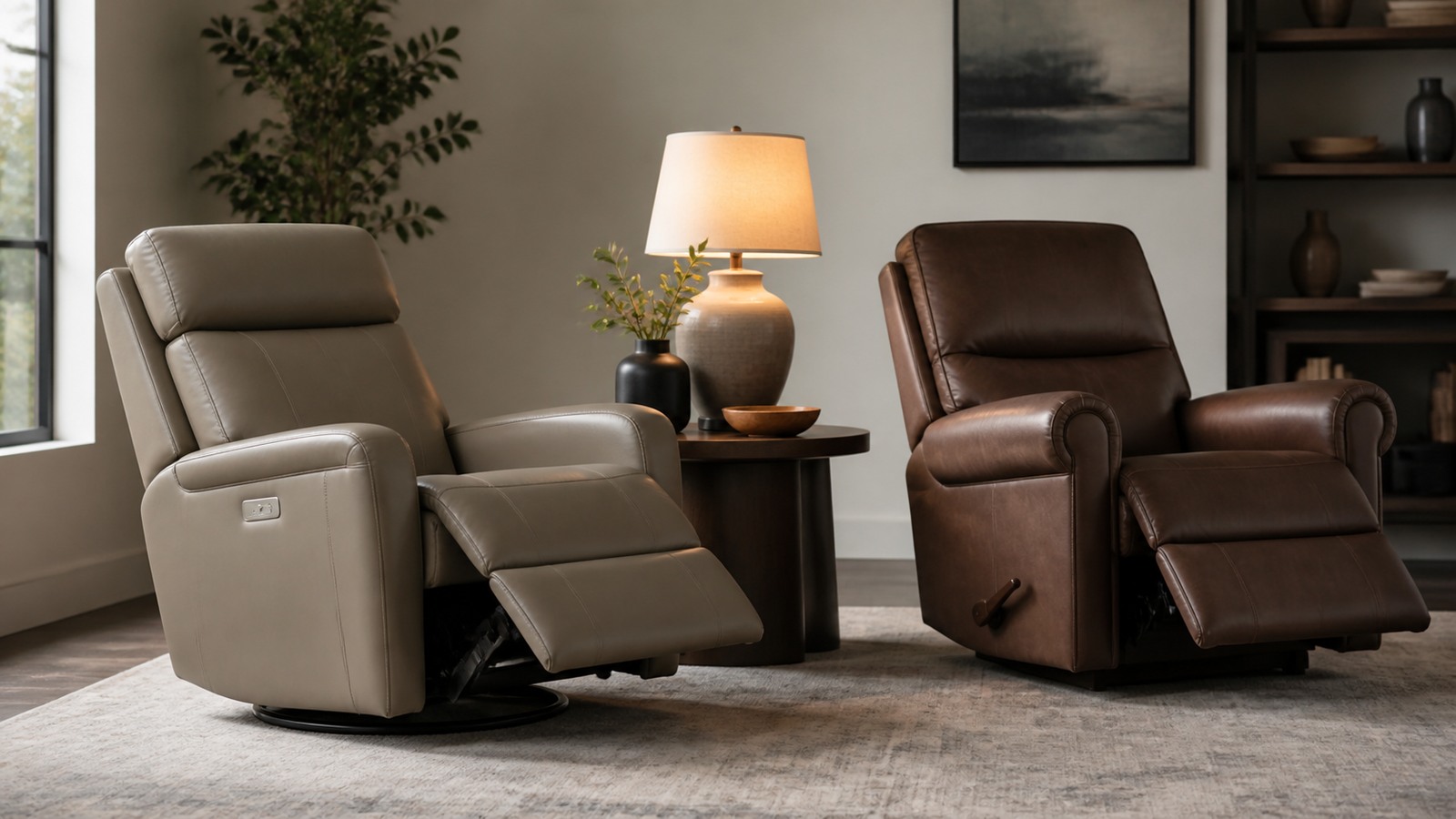 Small apartment living room with compact sofa, foldaway table, storage bench, wall shelves, and daylight