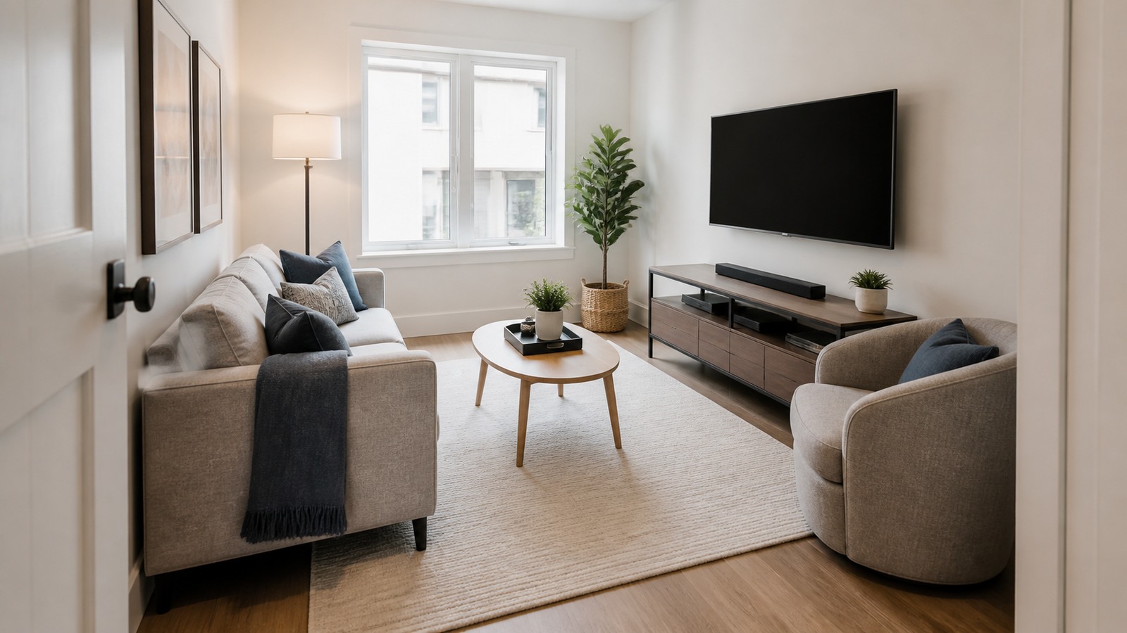 Small living room with storage sofa, nesting tables, wall shelves, compact desk, and clear walkway