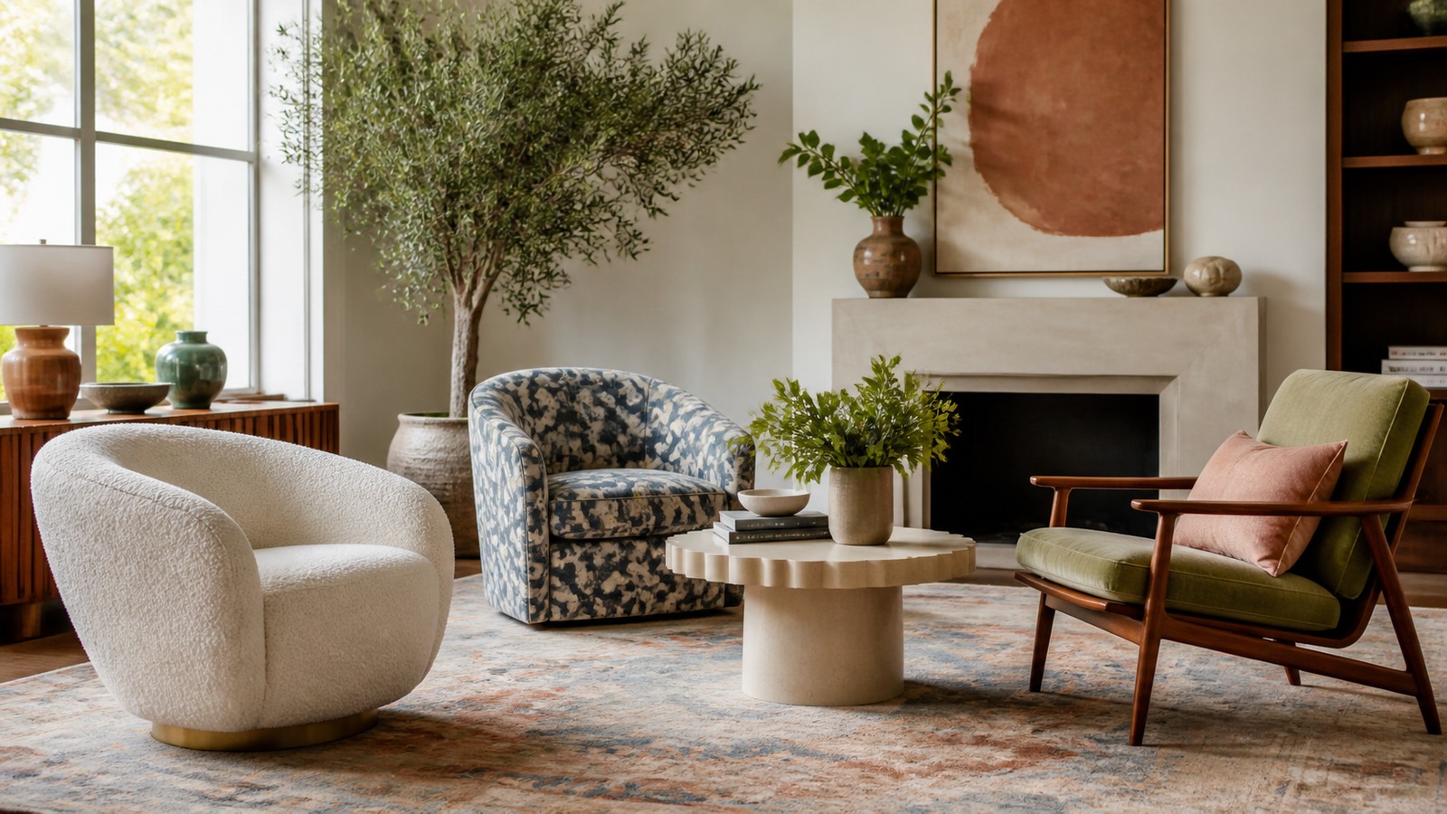 Living room with several accent chair styles, pillows, rug, side table, and natural light