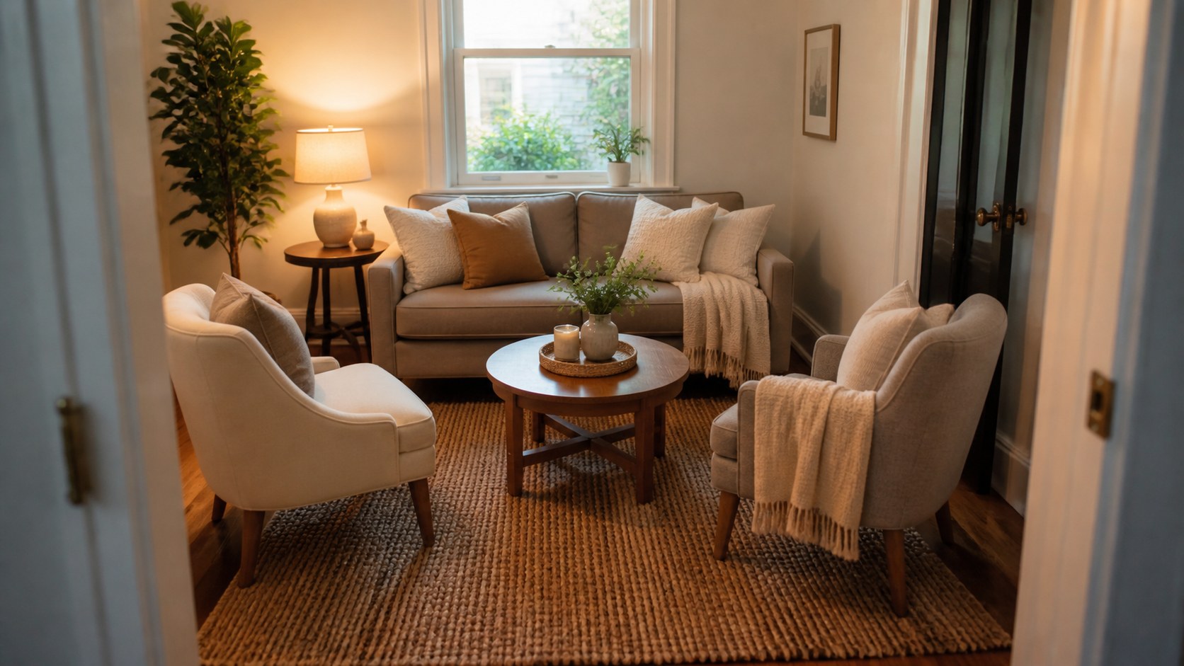 compact sofas, petite chairs, round tables, and cozy small-room conversation circles