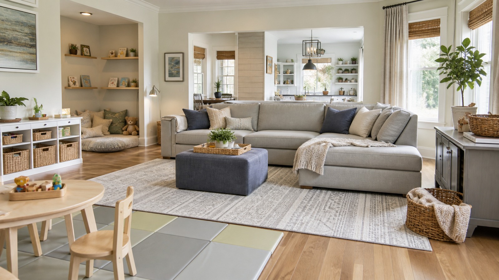 Family living room couch with durable upholstery, washable pillows, baskets, toys tucked away, and warm light
