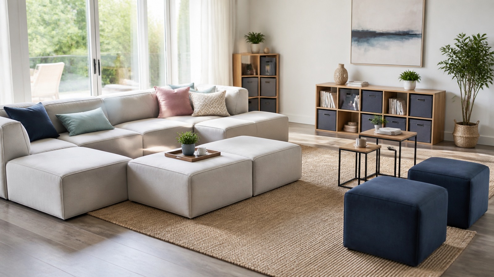Flexible modular living room with sectional pieces, storage cubes, nesting tables, and clear pathways