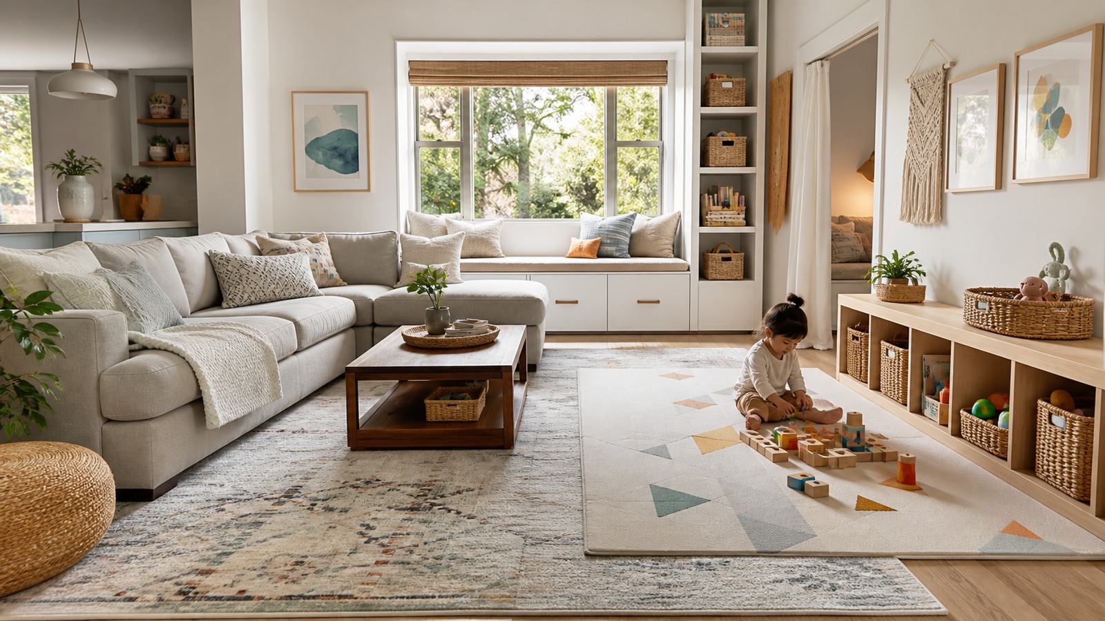 Modular sectional sofa with chaise, ottoman, corner module, rug, and open walkway in a living room