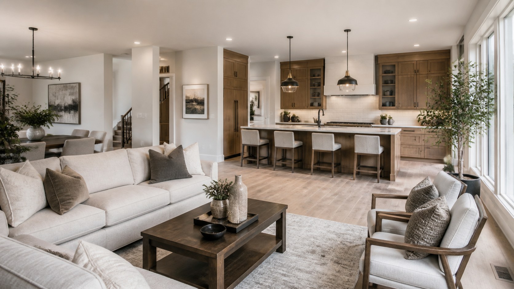 open-plan living room and kitchen zones, sofa boundaries, island flow, and modern sightlines