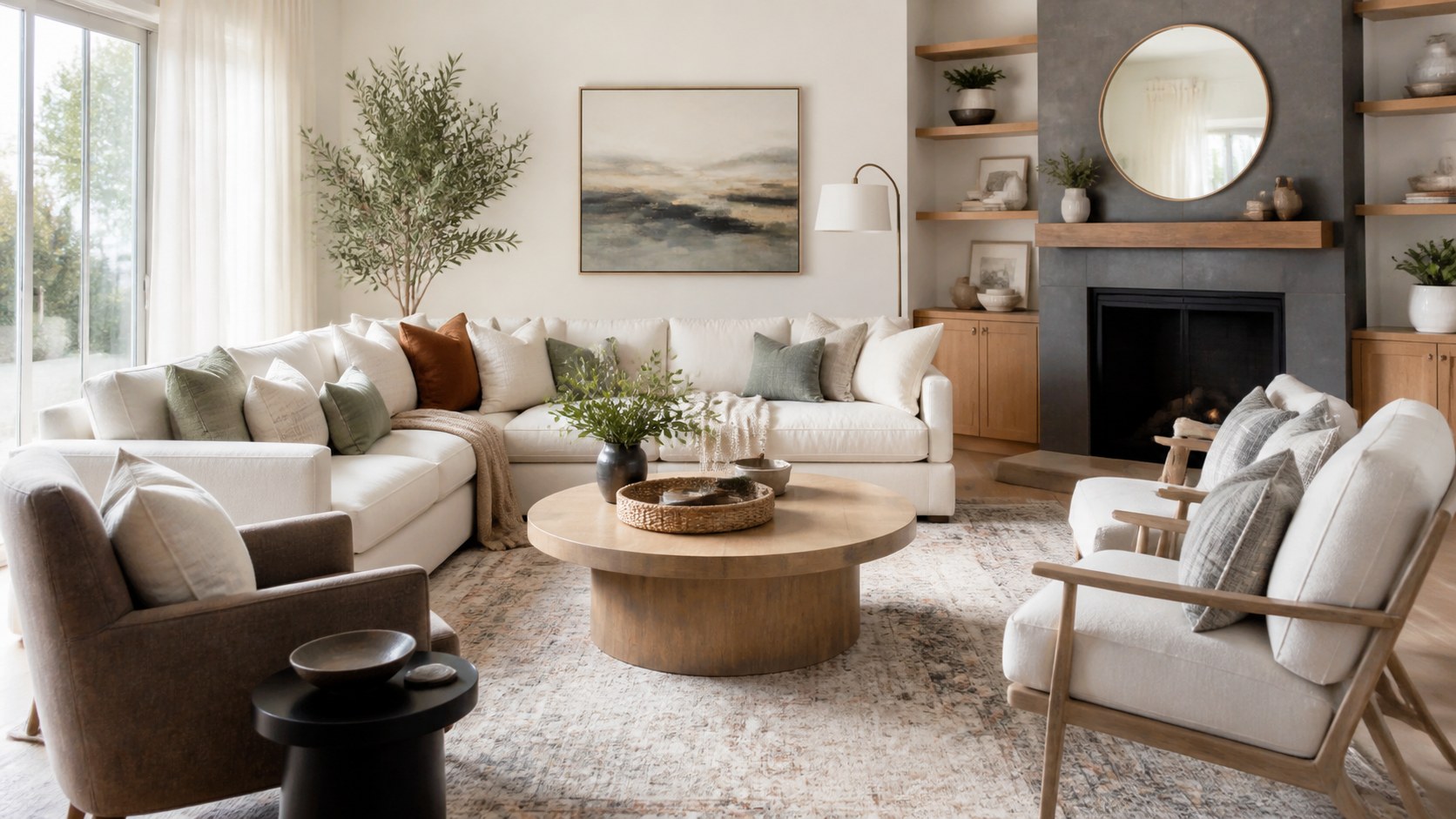 balanced sofa and chairs around a coffee table in a bright living room