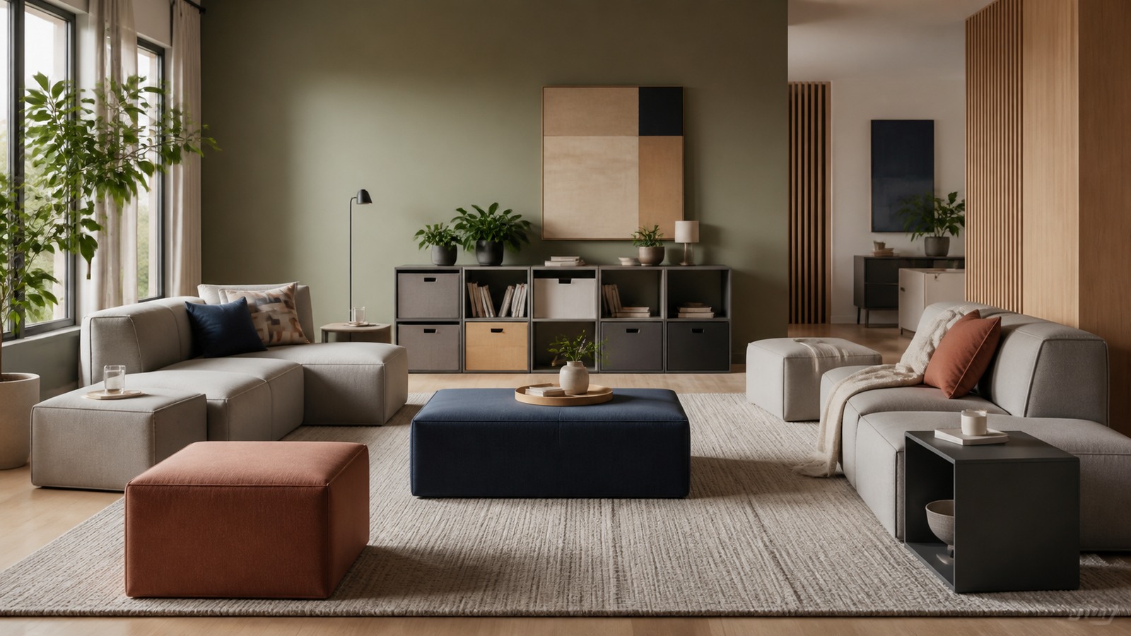 Family sofa with stain-resistant fabric, washable throw, storage baskets, soft rug, and tidy living room styling
