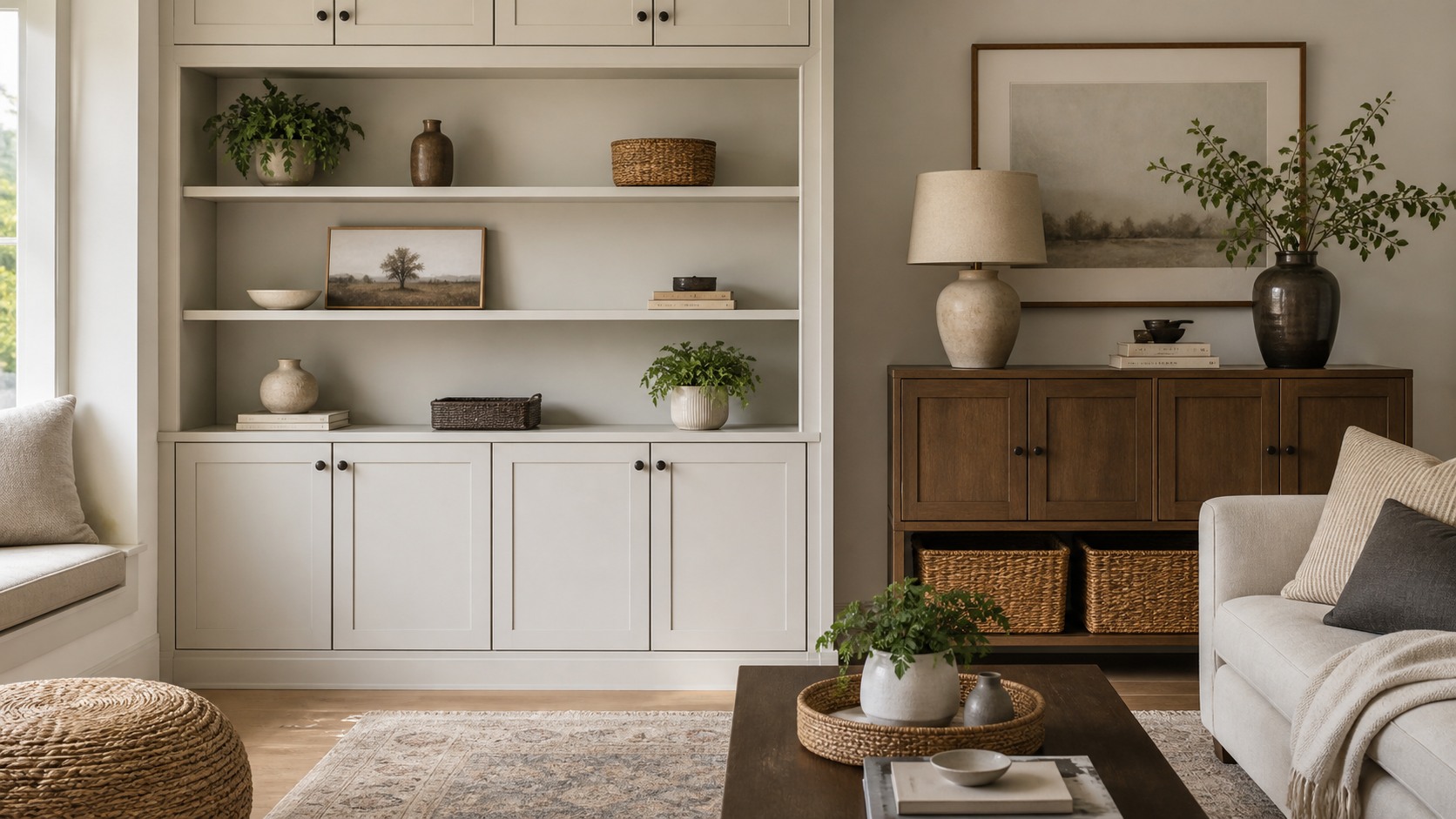 Living room with closed storage cabinets, sideboard, baskets, lamp, sofa, shelves, and organized decor