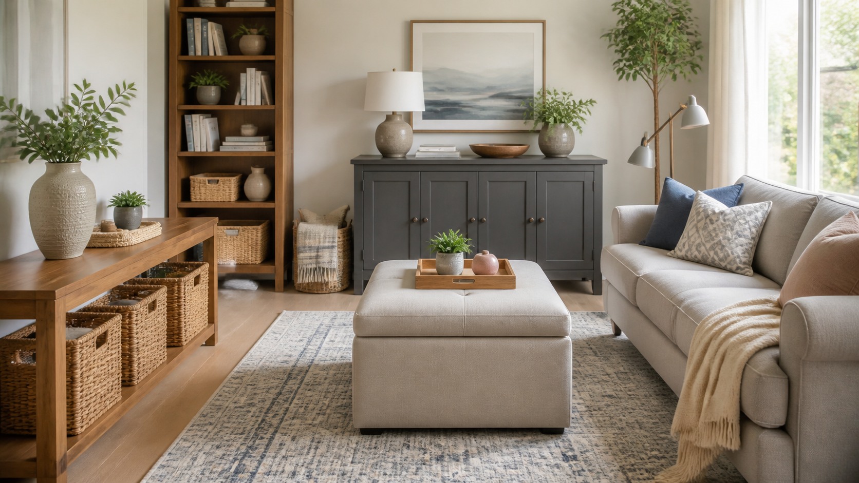 Clutter-free living room with storage ottoman, closed sideboard, baskets, shelves, sofa, rug, and natural light