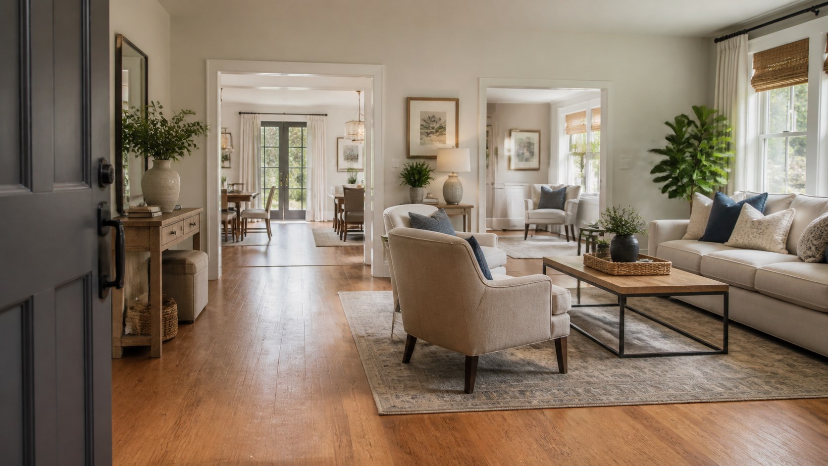 clear doorway-to-seating movement, open routes, and furniture that guides people naturally