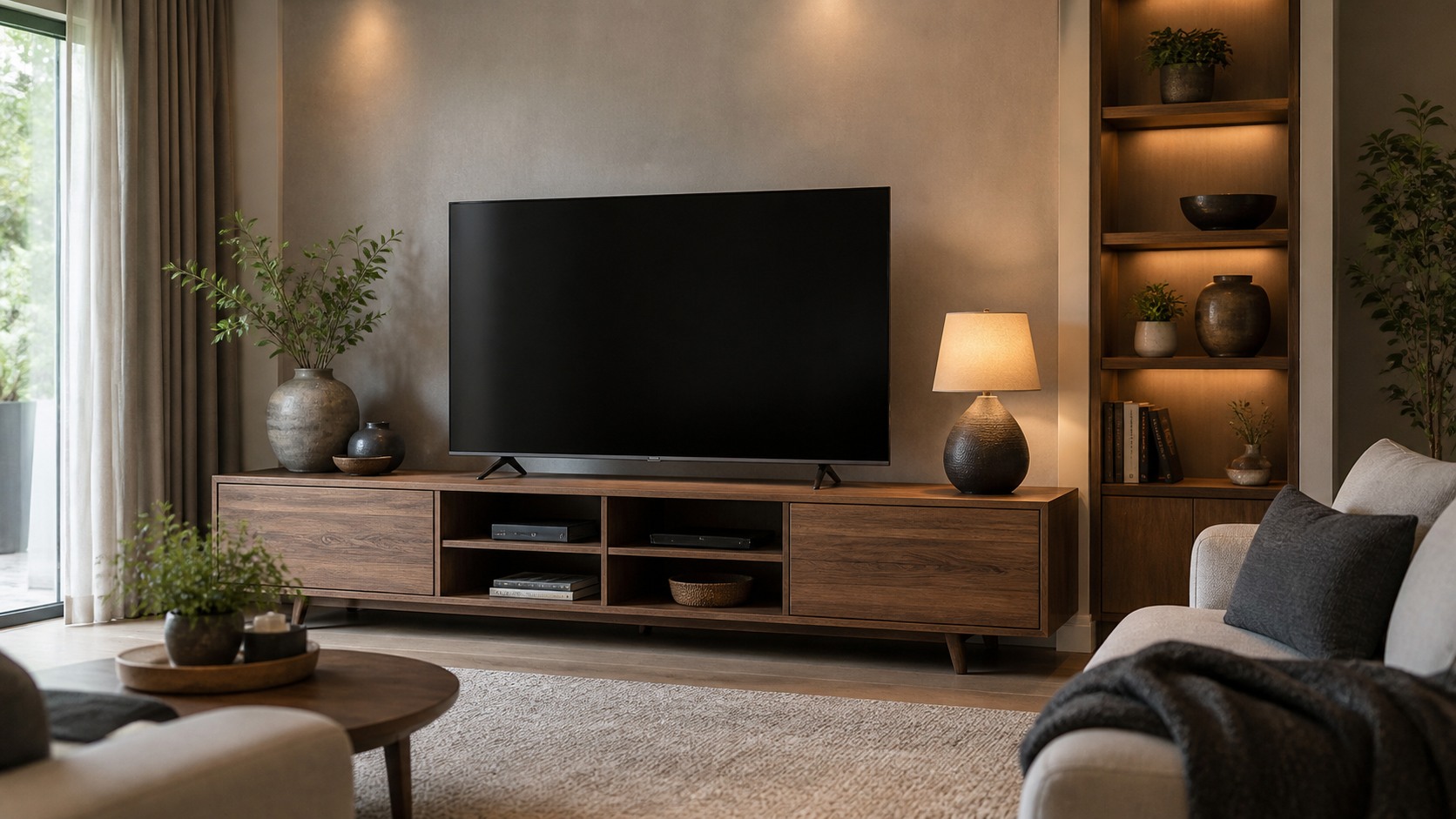 Living room media wall with wood TV stand, blank television, shelves, plants, sofa, rug, and warm lamps