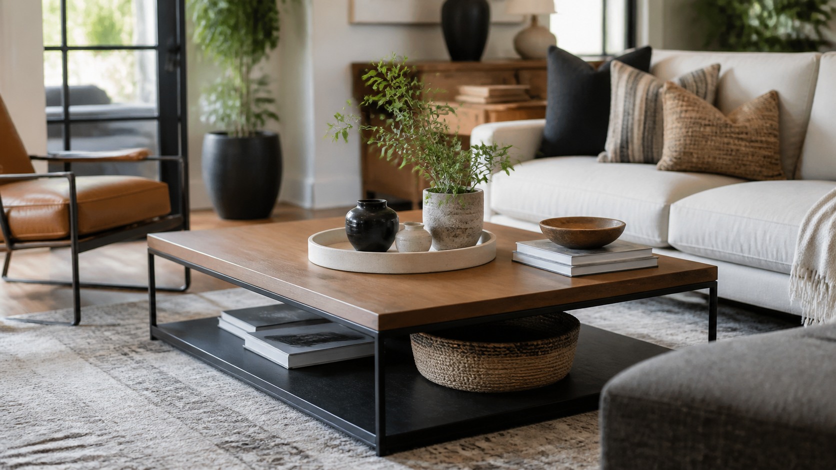 Stylish living room coffee table with wood top, black base, tray, plants, books, sofa, and accent chair