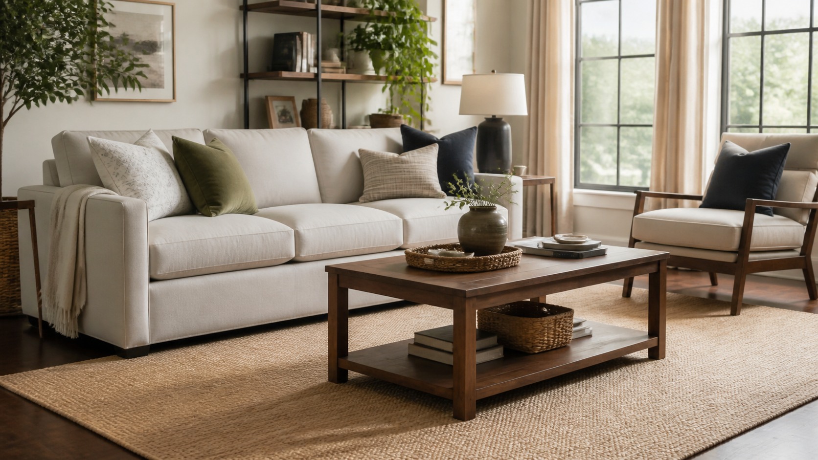 Living room sofa with proportionate wood coffee table, rug, accent chair, and clear walking space