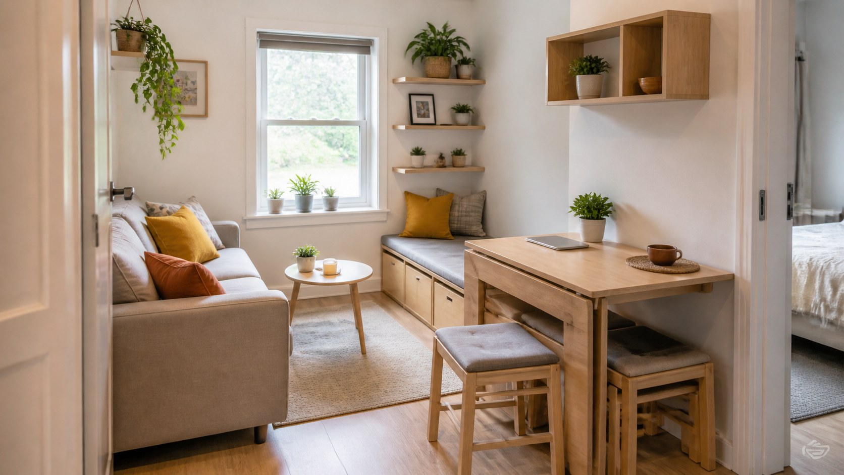 small-home flexible room layouts, foldable tables, storage benches, nesting stools, and compact open paths