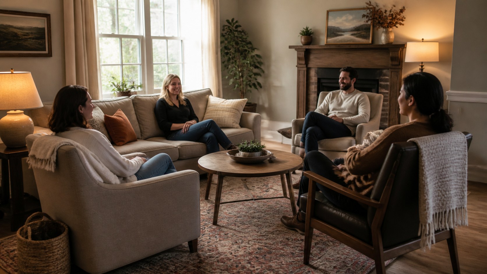 inward-facing seating, comfortable distances, shared tables, and easy eye contact