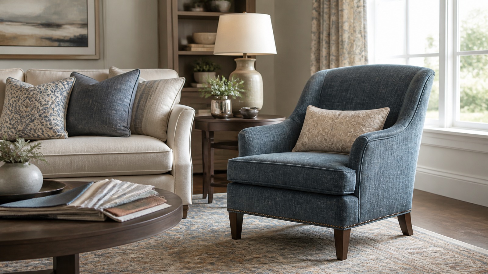 Single accent chair beside a sofa with lamp, side table, rug, and balanced living room styling