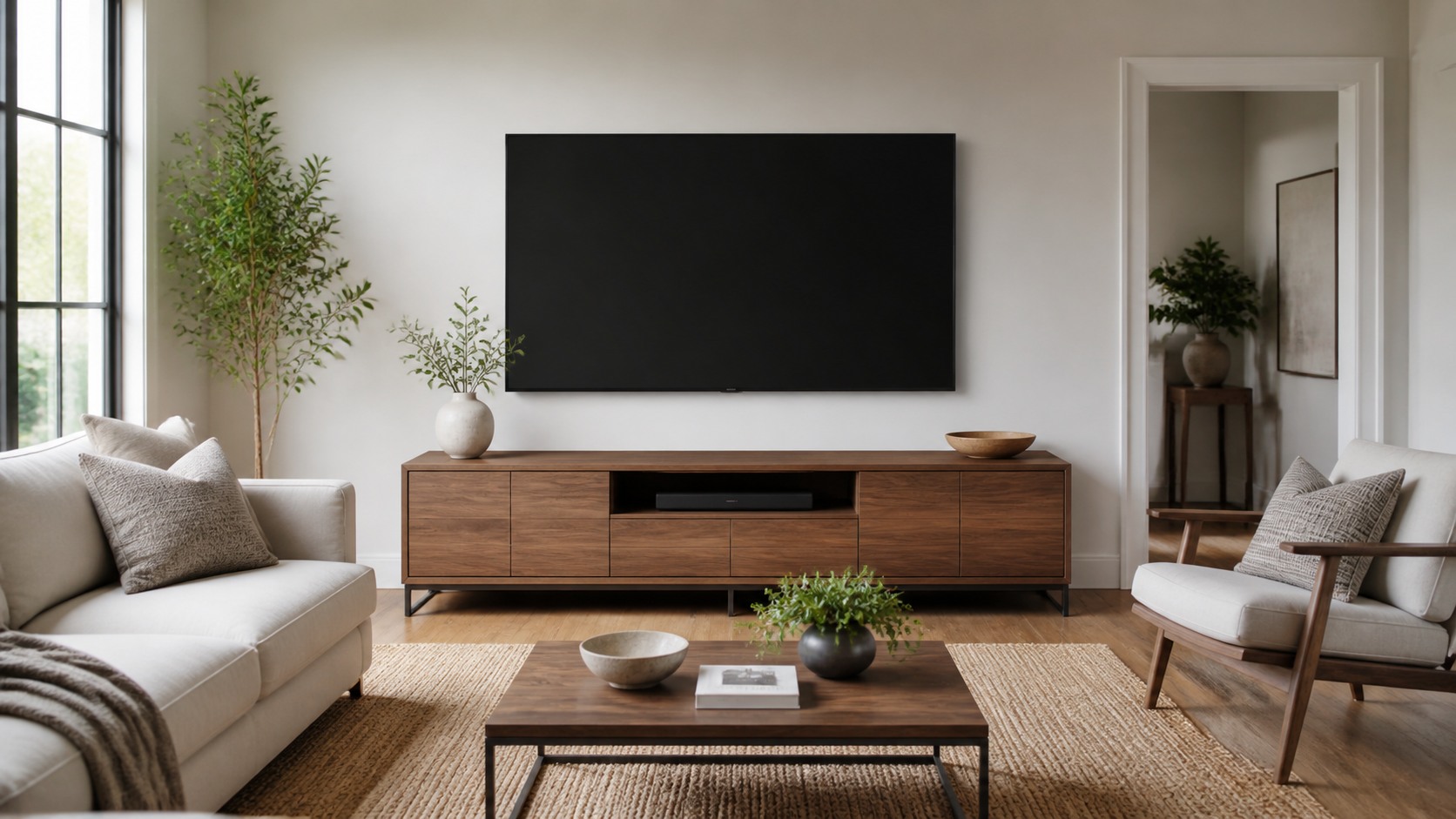Balanced living room media wall with blank TV above a long wood console, sofa, chair, rug, and coffee table