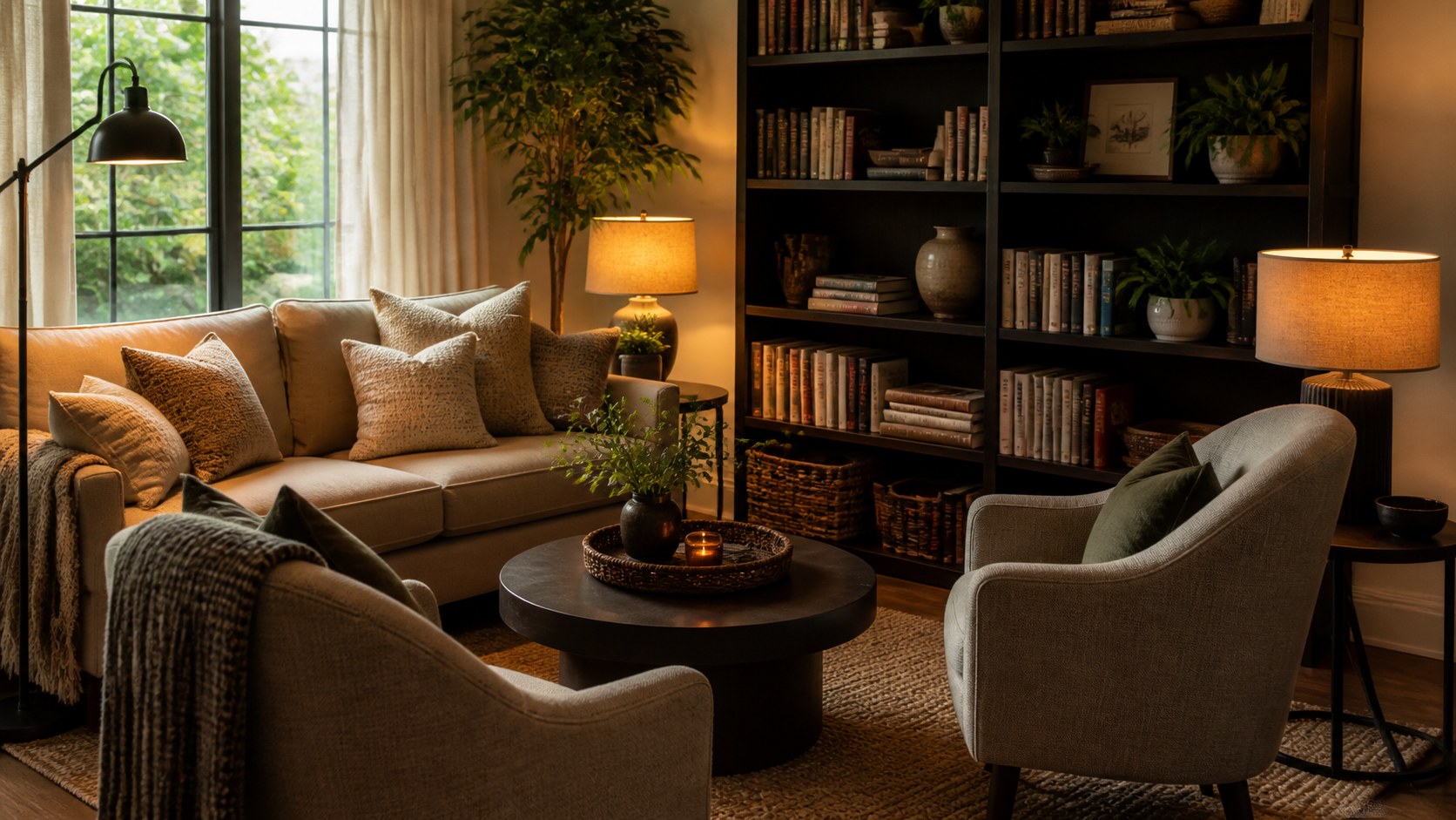 lamps, bookshelves, windows, texture, and inward seating without a hearth