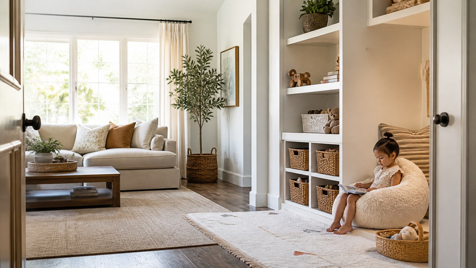 child reading nooks, play corners, toy storage, soft rugs, and living room boundaries