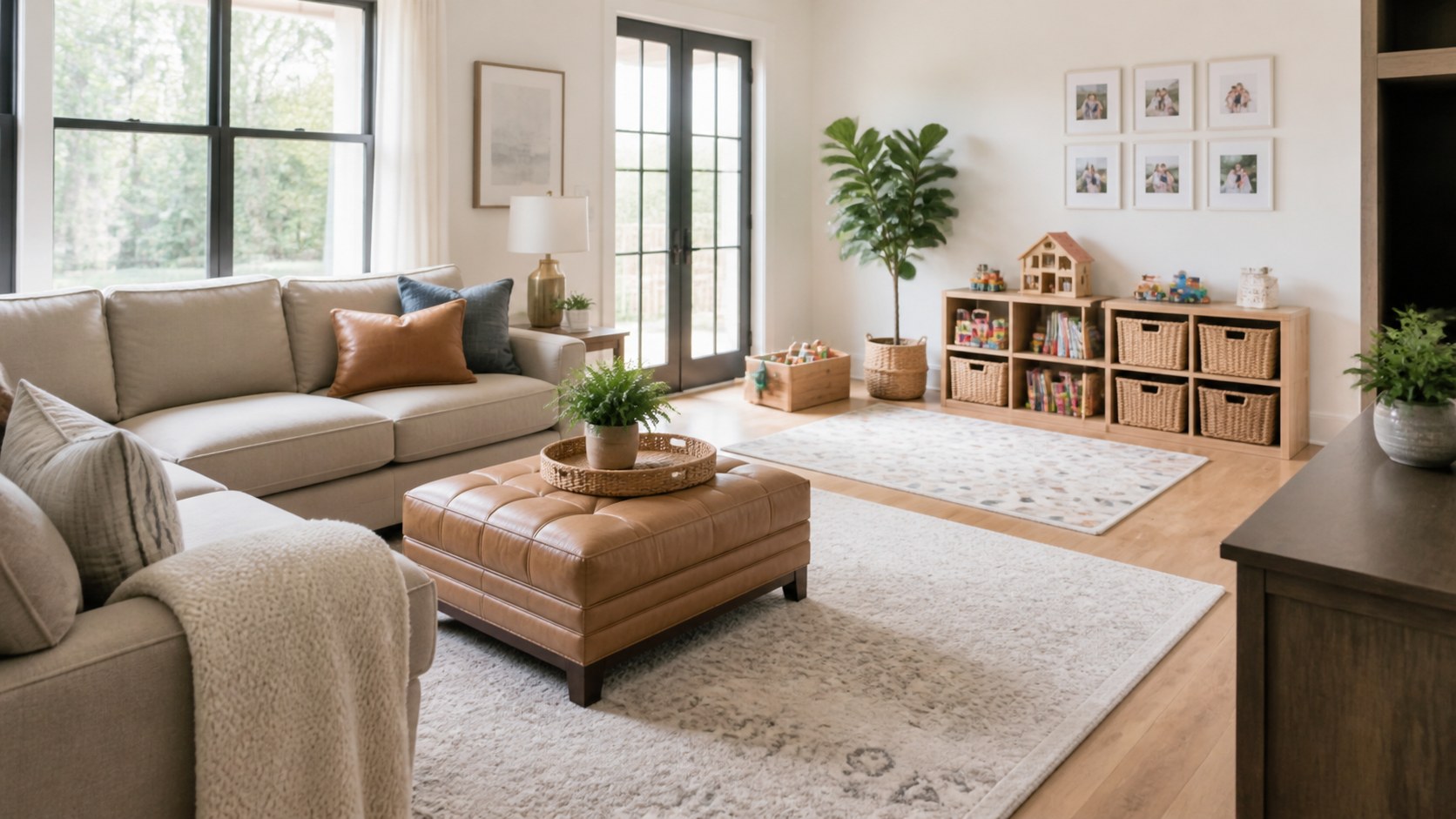 practical kid-friendly layouts, durable seating, storage ottomans, play areas, and clear paths