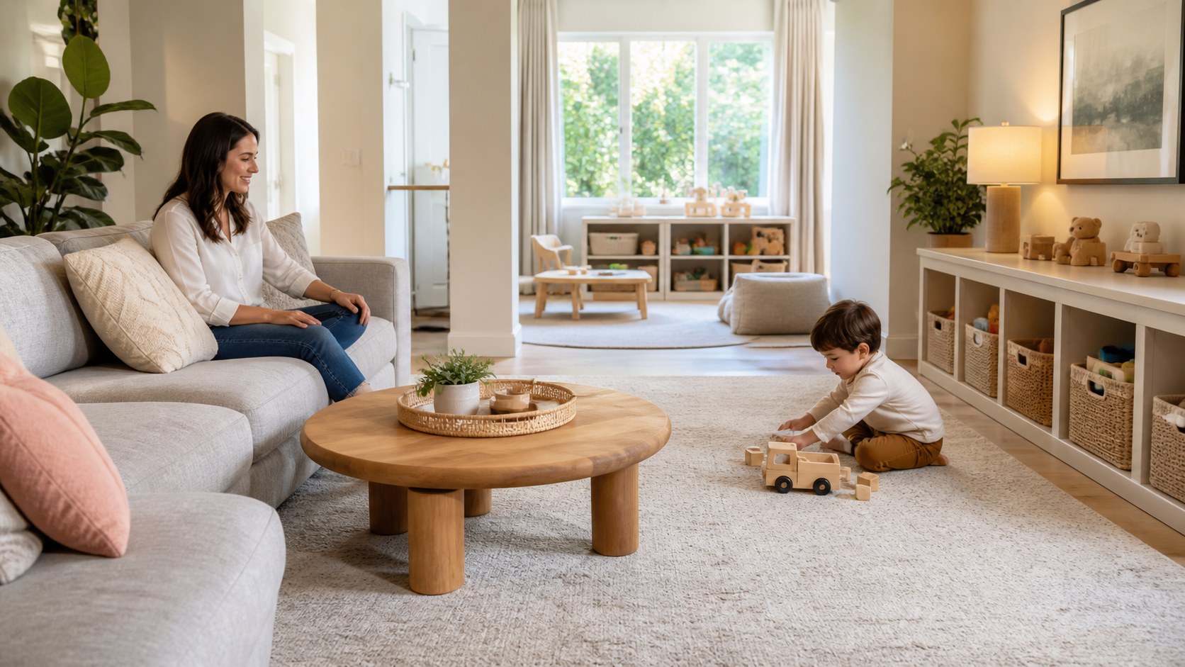 safe living room layouts, rounded furniture, open play floors, reachable storage, and easy supervision
