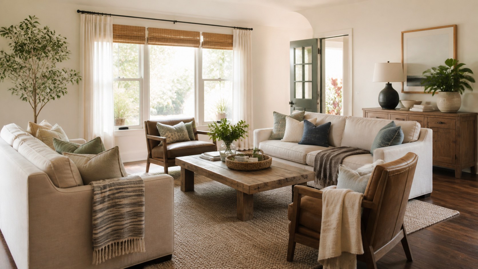 relaxed seating groups, no dominant television, and furniture that invites talking