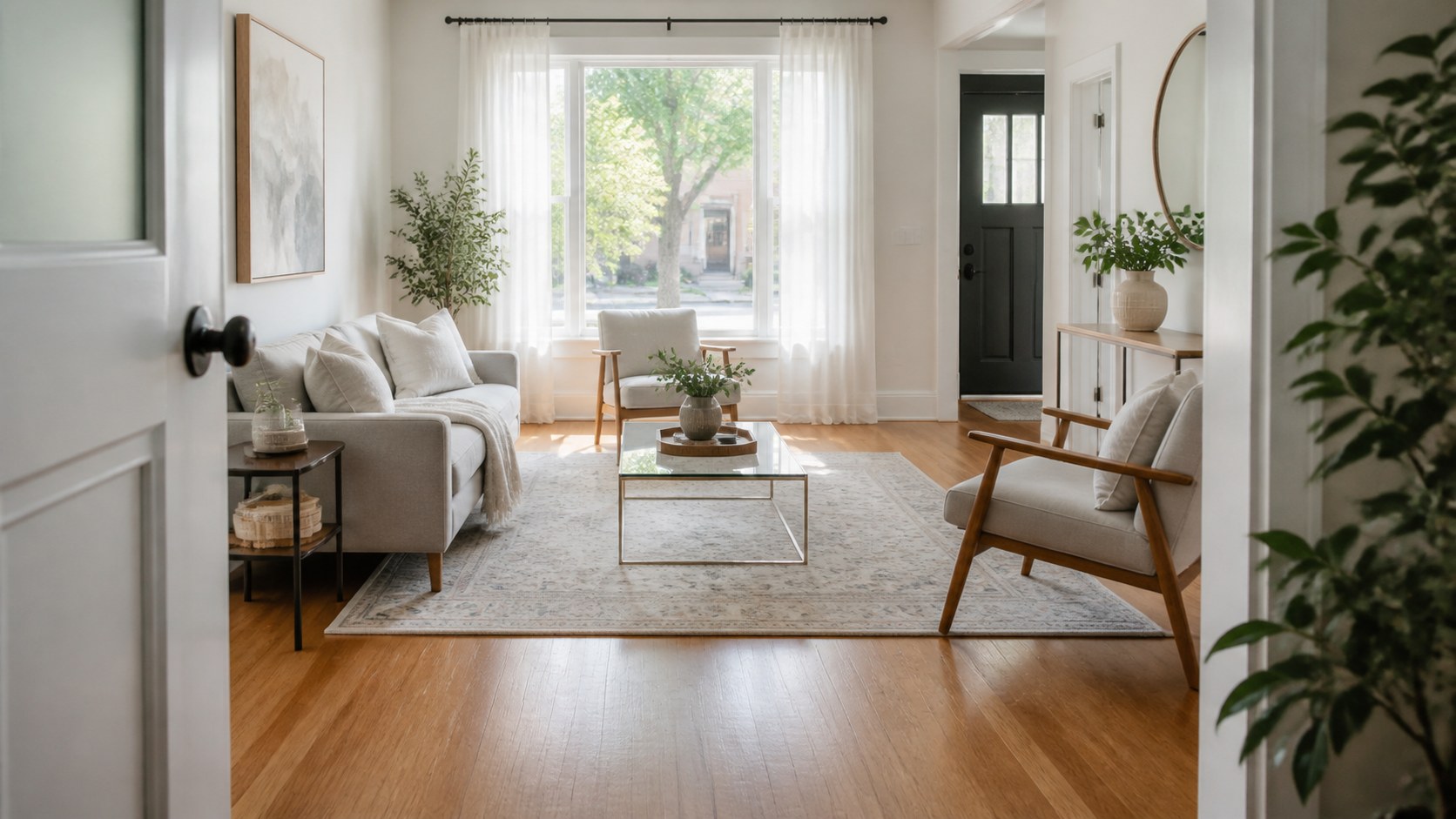 small airy living room seating layout with open floor space