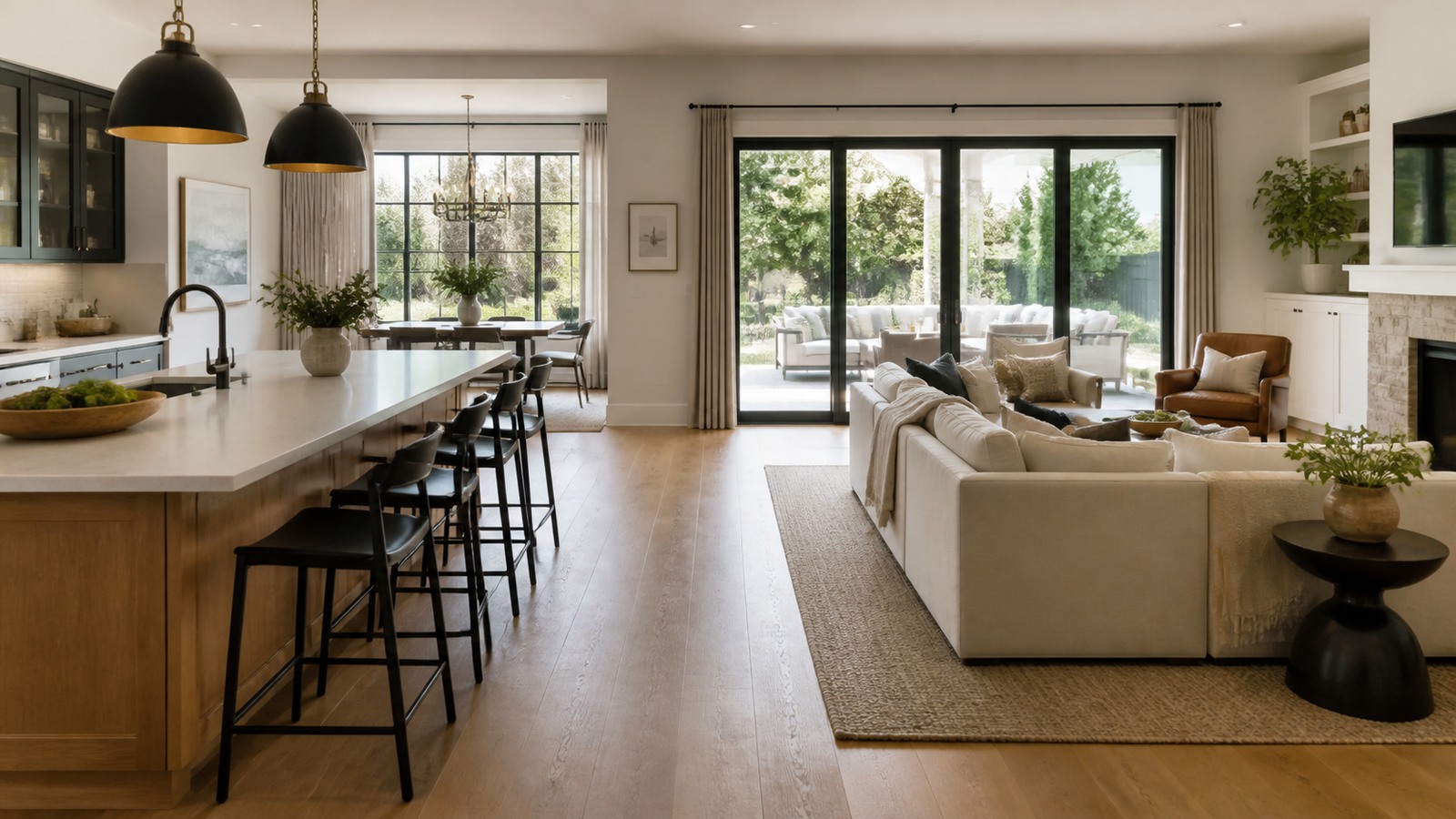 Small modular living room with movable sofa pieces, storage cubes, ottomans, rug, and open floor space