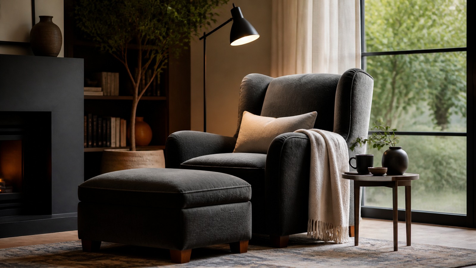 Comfortable upholstered living room chair with supportive cushions, throw, side table, and reading lamp