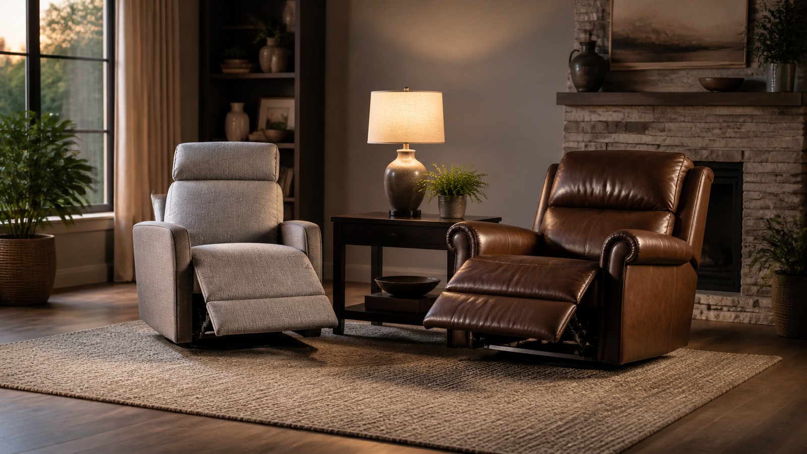Two recliners in a living room, one with discreet power controls and one manual style, beside tables and lamps