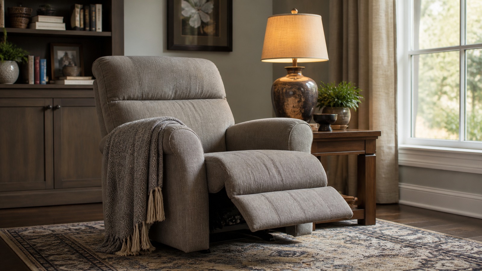 Comfortable recliner in a living room corner with side table, lamp, rug, and clear floor space