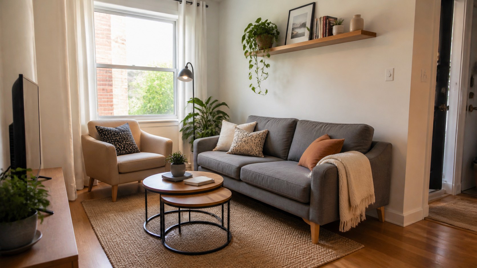 compact apartment living room with practical sofa chair and nesting table
