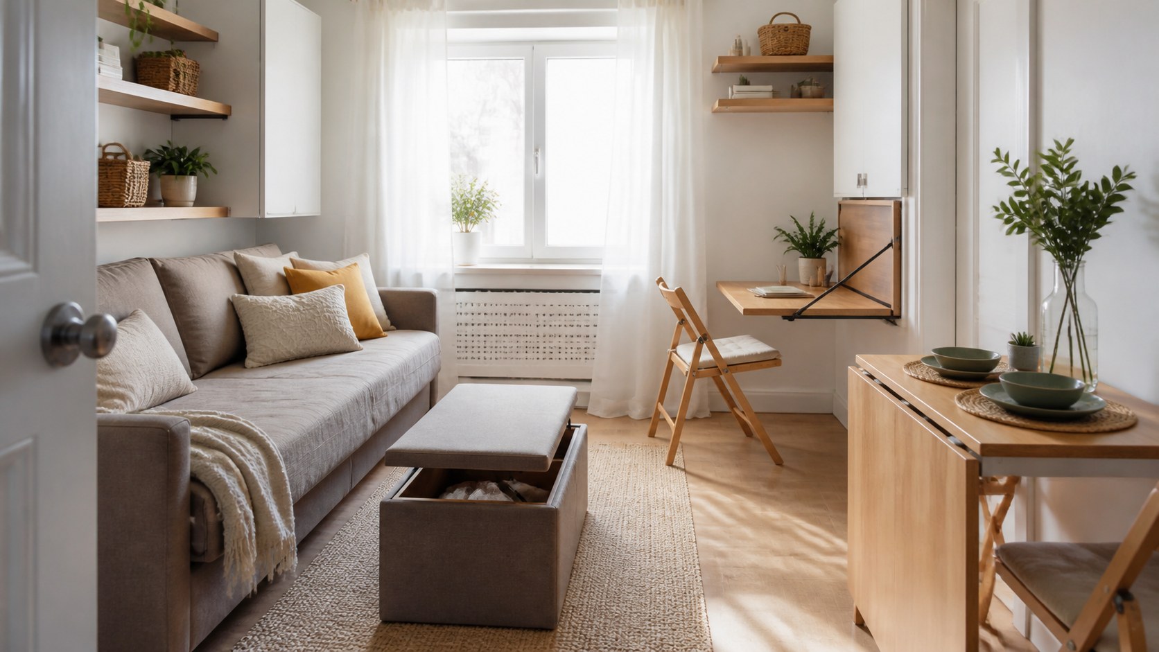 compact furniture, hidden storage, folding surfaces, and rooms that change jobs quickly