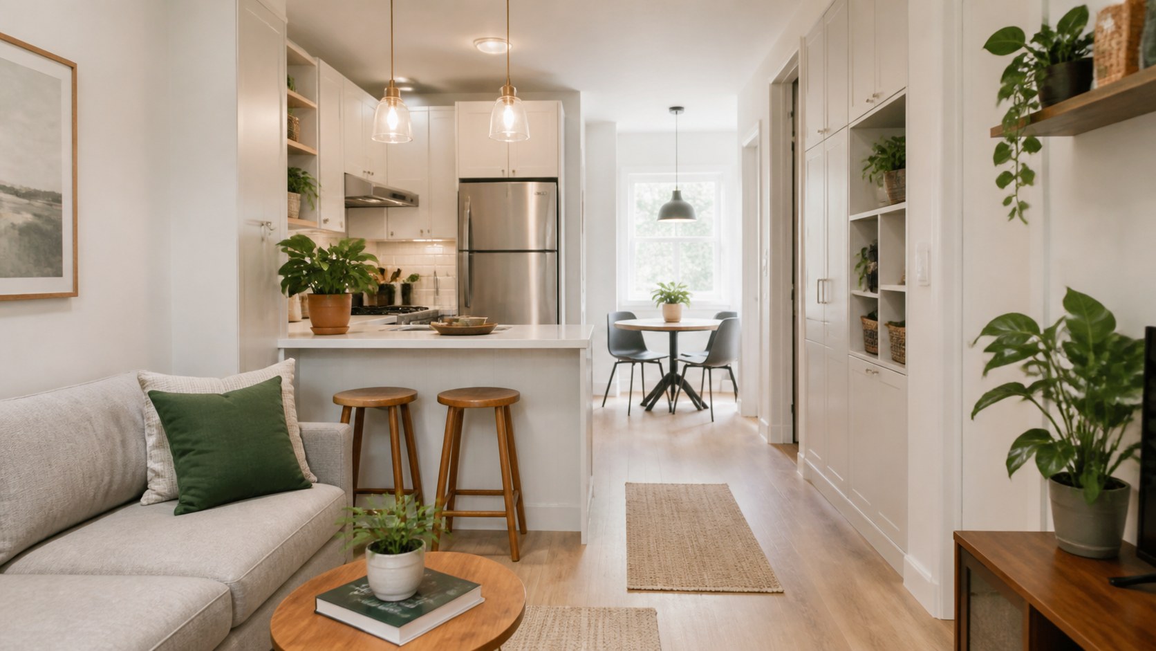 small open kitchen and living room design, compact seating, slim storage, and clear shared walkways