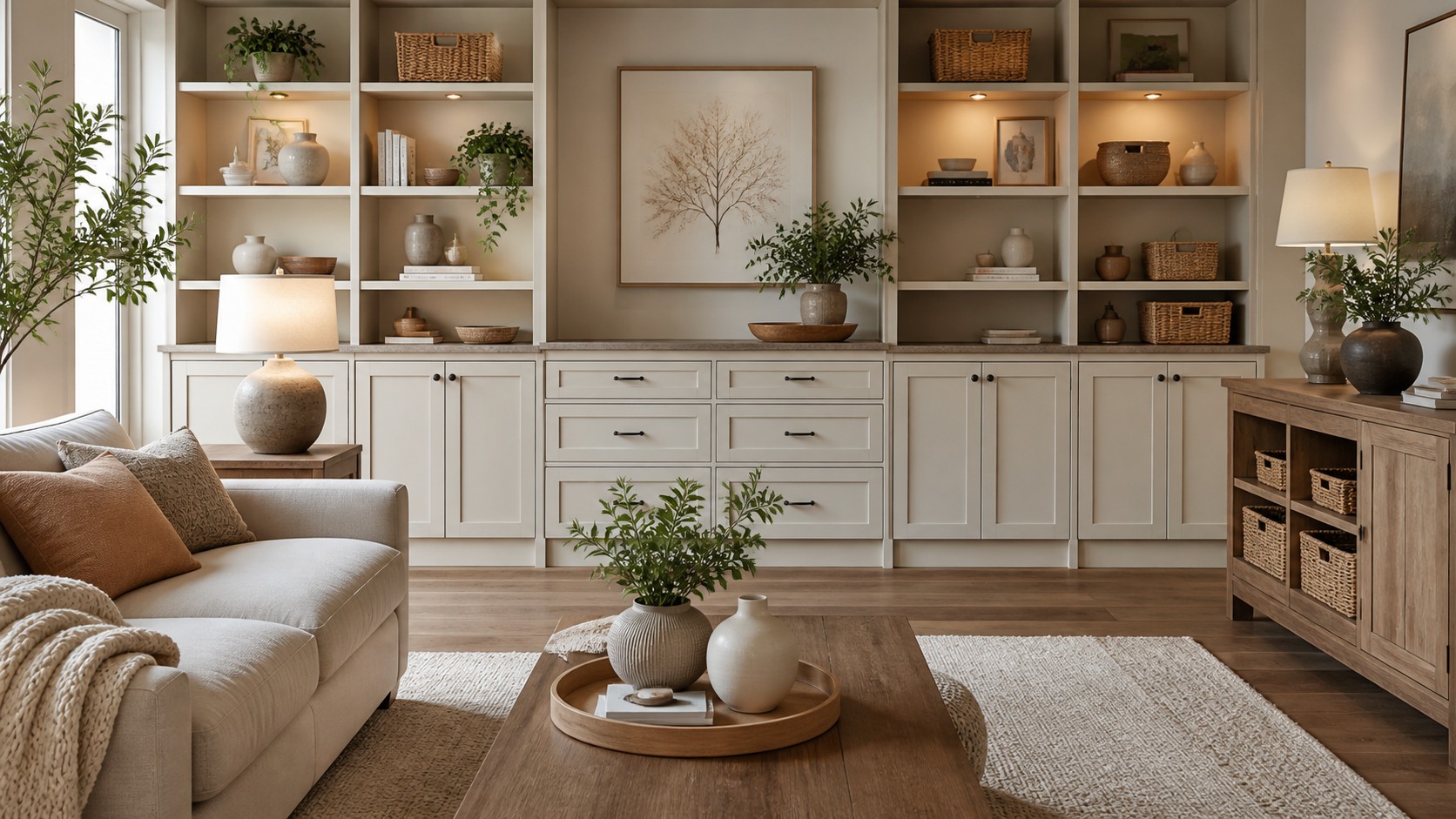 Organized living room wall with built-in cabinets, drawers, baskets, styled shelves, sofa, rug, and warm lamps