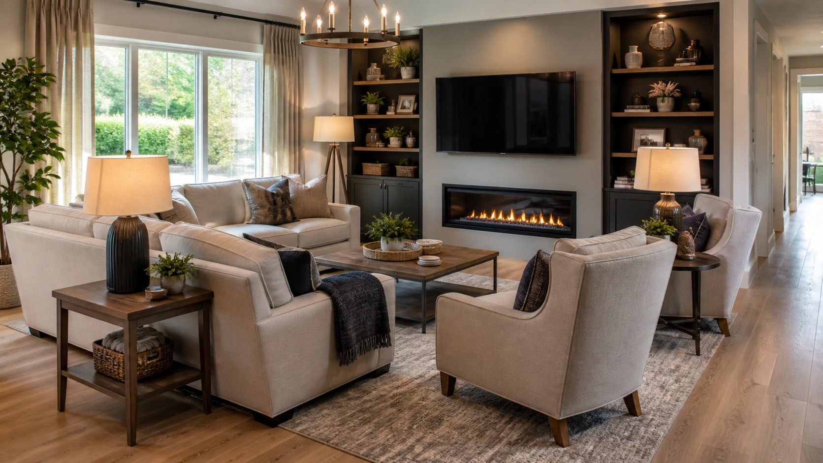Living room seating arrangement with sofas, accent chairs, coffee table, rug, fireplace, TV, and clear walkways