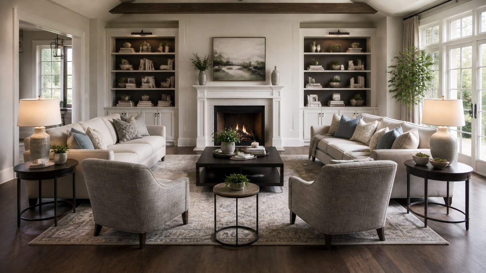 complete living room seating arrangement with sofas chairs and focal point