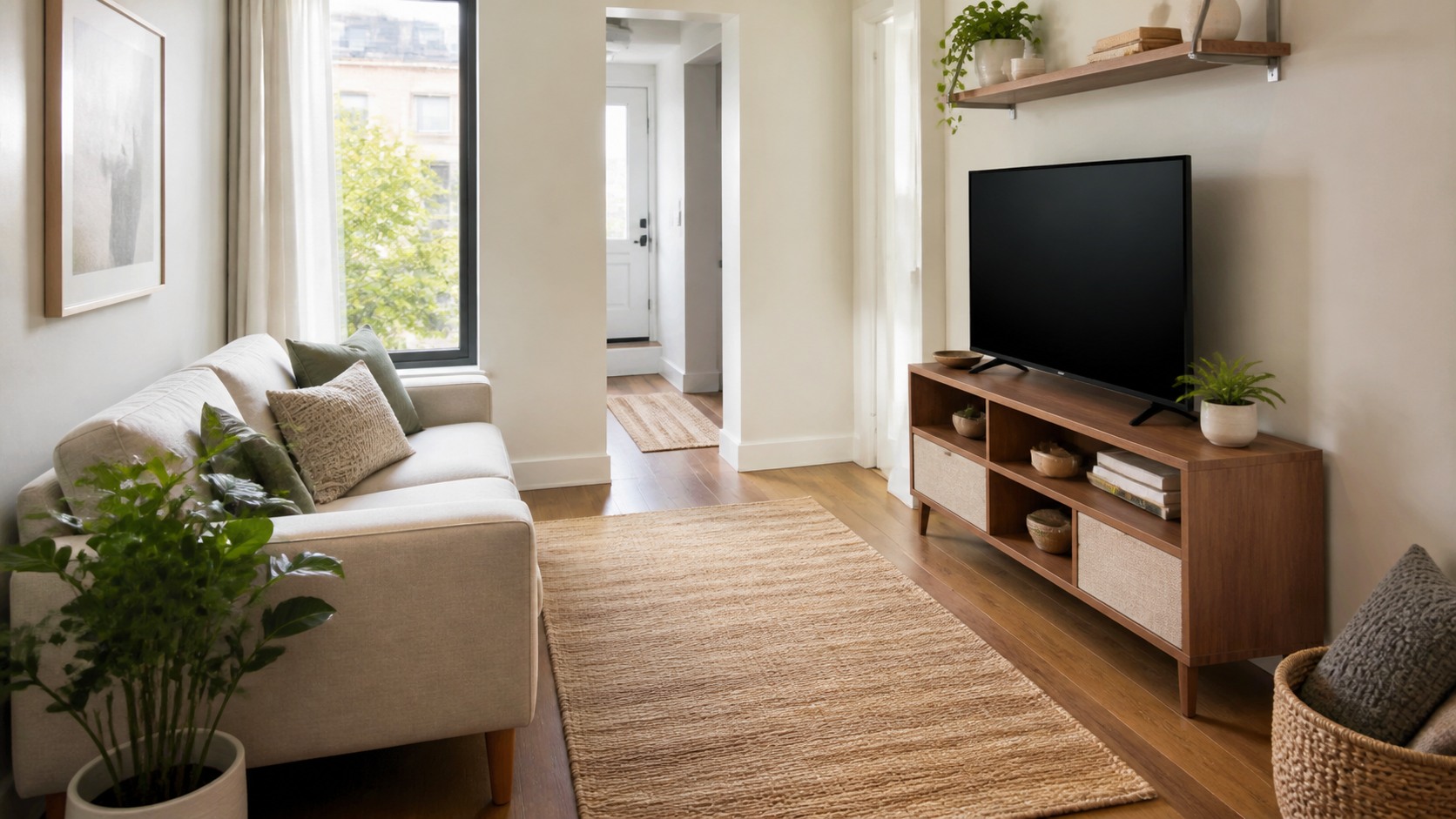 Small living room with narrow TV stand, blank television, loveseat, wall shelf, rug, plants, and open walkway