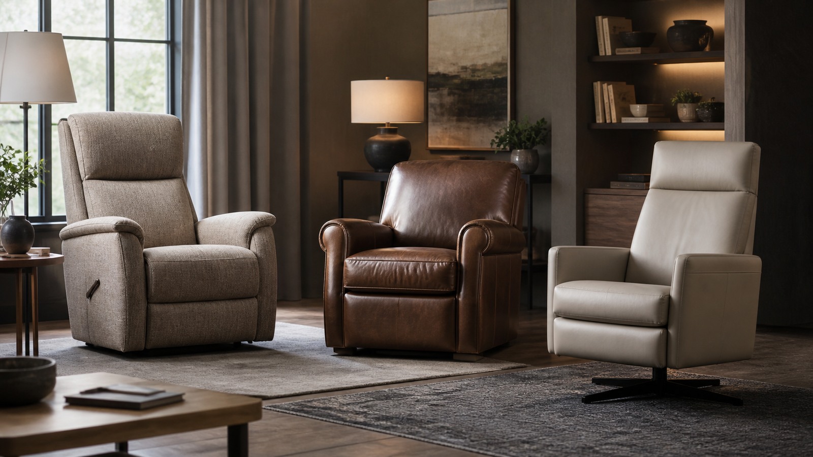 Living room with several recliner styles arranged around a rug, side table, and warm lamps